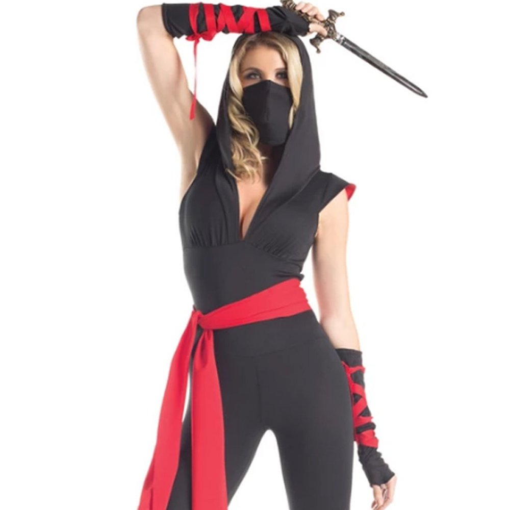 Mortal Ninja Costume Hooded Jumpsuit Gloves and Sash